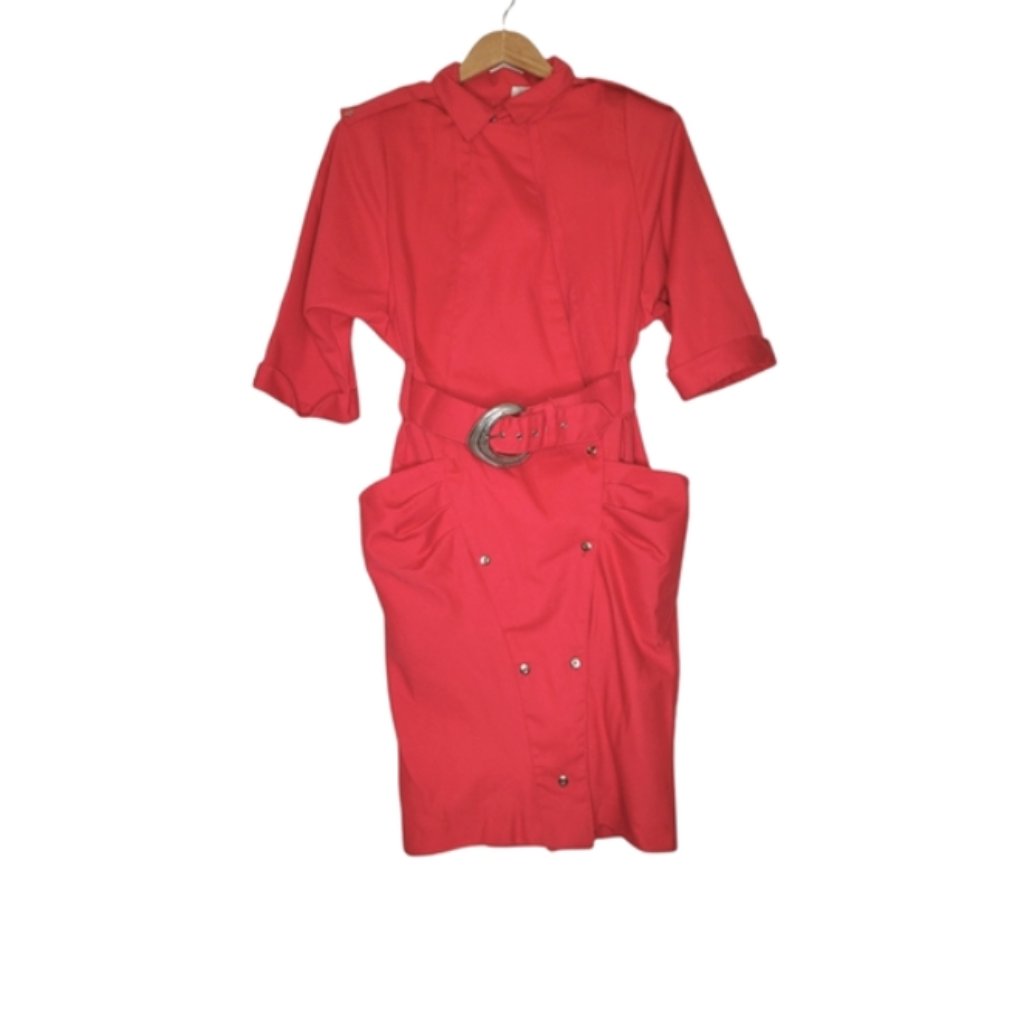 Punchy 80s Red Boxy Coat Dress With Puff Pockets And Belt